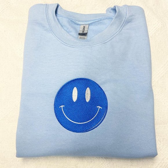 Blue Retro Embroidered Smiley Face Crew Neck Sweater - Picture 1 of 4